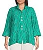 Color:Seafoam - Image 1 - Plus Size Wavy Dotted Lines Wire Collar Cuffed Sleeve Button-Front Tunic