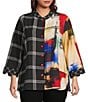 Ali Miles Plus Size Woven Abstract Multi Checked Stand Collar 3/4 Cuffed Sleeve Button Front Tunic, Color:Abstract Multi - Image 1