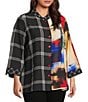 Ali Miles Plus Size Woven Abstract Multi Checked Stand Collar 3/4 Cuffed Sleeve Button Front Tunic, Color:Abstract Multi - Image 3