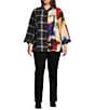 Ali Miles Plus Size Woven Abstract Multi Checked Stand Collar 3/4 Cuffed Sleeve Button Front Tunic, Color:Abstract Multi - Image 5