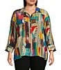 Ali Miles Plus Size Woven Abstract Multi Print Point Collar 3/4 Cuff Sleeve Button Front Tunic, Color:Abstract Multi - Image 1