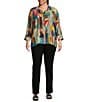 Ali Miles Plus Size Woven Abstract Multi Print Point Collar 3/4 Cuff Sleeve Button Front Tunic, Color:Abstract Multi - Image 5