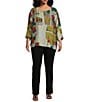 Ali Miles Plus Size Woven Abstract Multi Print Round Neck 3/4 Sleeve Hi-Low Hem Tunic, Color:Abstract Multi - Image 5