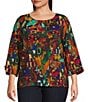 Ali Miles Plus Size Woven Abstract Multi Print Round Neck 3/4 Sleeve Top - Image 1