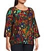 Ali Miles Plus Size Woven Abstract Multi Print Round Neck 3/4 Sleeve Top - Image 3
