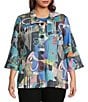 Ali Miles Plus Size Woven Abstract Multi Print Wire Collar 3/4 Bell Cuff Sleeve Button-Front Jacket, Color:Abstract Multi - Image 1