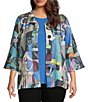 Ali Miles Plus Size Woven Abstract Multi Print Wire Collar 3/4 Bell Cuff Sleeve Button-Front Jacket, Color:Abstract Multi - Image 2