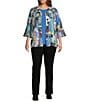 Ali Miles Plus Size Woven Abstract Multi Print Wire Collar 3/4 Bell Cuff Sleeve Button-Front Jacket, Color:Abstract Multi - Image 4