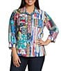 Ali Miles Plus Size Woven Abstract Print Point Collar 3/4 Cuff Sleeve Button-Front Tunic - Image 1