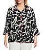 Color:Navy Print - Image 1 - Plus Size Woven Abstract Print Y-Neck 3/4 Bell Cuffed Sleeve Button Front Tunic