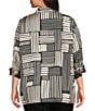 Ali Miles Plus Size Woven Abstract Stripe Square Print Point Collar 3/4 Cuff Sleeve Tunic, Color:Black/Ivory - Image 2