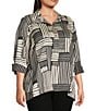 Ali Miles Plus Size Woven Abstract Stripe Square Print Point Collar 3/4 Cuff Sleeve Tunic, Color:Black/Ivory - Image 3
