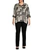 Ali Miles Plus Size Woven Abstract Stripe Square Print Point Collar 3/4 Cuff Sleeve Tunic, Color:Black/Ivory - Image 5