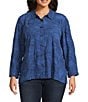 Ali Miles Plus Size Woven Allover Floral Embroidered Point Collar Long Sleeve Button Front Tunic, Color:Indigo Blue - Image 1