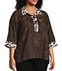 Ali Miles Plus Size Woven Animal Print Point Collar 3/4 Sleeve Contrast Trim Hi-Low Hem Tunic, Color:Multi Animal Print - Image 3