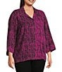 Ali Miles Plus Size Woven Black Stroke Print Point Collar 3/4 Sleeve Button Front Tunic, Color:Magenta - Image 8