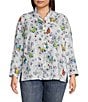 Color:Multi - Image 1 - Plus Size Woven Burnout Printed Wire Neck 3/4 Roll-Tab Sleeve Button-Front Tunic