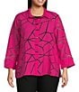 Color:Bright Pink - Image 1 - Plus Size Woven Burnout Wire Collar 3/4 Sleeves Button-Front Tunic