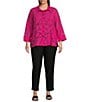 Color:Bright Pink - Image 6 - Plus Size Woven Burnout Wire Collar 3/4 Sleeves Button-Front Tunic