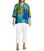 Ali Miles Plus Size Woven Color Block Print Point Collar 3/4 Sleeve Button Front Tunic, Color:Blue Multi - Image 3