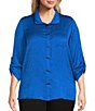 Color:Royal - Image 1 - Plus Size Woven Crinkled Wire Collar Long Roll-Tab Sleeve Tunic