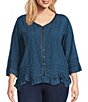 Ali Miles Plus Size Woven Embroidered Motif V-Neck 3/4 Sleeve Handkerchief Button Front Top - Image 1
