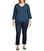 Ali Miles Plus Size Woven Embroidered Motif V-Neck 3/4 Sleeve Handkerchief Button Front Top - Image 3