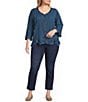 Ali Miles Plus Size Woven Embroidered Motif V-Neck 3/4 Sleeve Handkerchief Button Front Top - Image 3