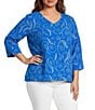 Ali Miles Plus Size Woven Embroidered Paisley Leaf V-Neck 3/4 Sleeve Top - Image 1