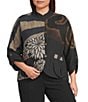 Ali Miles Plus Size Woven Embroidered Patch Stand Collar 3/4 Sleeve Tulip Hem Button Front Jacket - Image 1