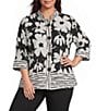 Ali Miles Plus Size Woven Floral Abstract Line Border Print Wire Collar 3/4 Bell Sleeve Jacket - Image 1