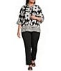 Ali Miles Plus Size Woven Floral Abstract Line Border Print Wire Collar 3/4 Bell Sleeve Jacket - Image 3
