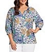 Ali Miles Plus Size Woven Floral Multi Split V-Neck 3/4 Tacked Sleeve High Low Top - Image 1