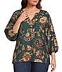 Ali Miles Plus Size Woven Floral Paisley Print V-Neck 3/4 Raglan Sleeve Top - Image 1