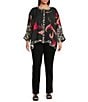 Ali Miles Plus Size Woven Floral Zebra Multi Print Round Neck Long Dolman Sleeve Button Front Tunic, Color:Floral Multi - Image 5
