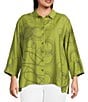 Ali Miles Plus Size Woven Geometric Print Point Collar 3/4 Sleeve Button-Front Tunic, Color:Olive/Black - Image 1