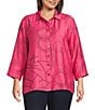 Ali Miles Plus Size Woven Geometric Print Point Collar 3/4 Sleeve Button-Front Tunic, Color:Raspberry/Black - Image 1