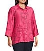 Ali Miles Plus Size Woven Geometric Print Point Collar 3/4 Sleeve Button-Front Tunic, Color:Raspberry/Black - Image 3