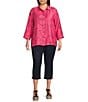 Ali Miles Plus Size Woven Geometric Print Point Collar 3/4 Sleeve Button-Front Tunic, Color:Raspberry/Black - Image 5