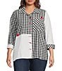 Color:Black/White - Image 1 - Plus Size Woven Gingham Patchwork Print Point Collar 3/4 Sleeve Button-Front Tunic