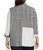 Color:Black/White - Image 2 - Plus Size Woven Gingham Patchwork Print Point Collar 3/4 Sleeve Button-Front Tunic