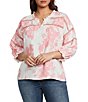 Ali Miles Plus Size Woven Leaf Print Split V-Neck 3/4 Sleeve Tunic - Image 1
