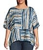 Ali Miles Plus Size Woven Linen Blend Abstract Stripe Round Neck Elbow Sleeve Sharkbite Hem Tunic, Color:Neutral - Image 1