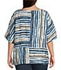 Ali Miles Plus Size Woven Linen Blend Abstract Stripe Round Neck Elbow Sleeve Sharkbite Hem Tunic, Color:Neutral - Image 2