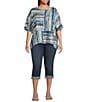 Ali Miles Plus Size Woven Linen Blend Abstract Stripe Round Neck Elbow Sleeve Sharkbite Hem Tunic, Color:Neutral - Image 3