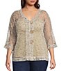 Ali Miles Plus Size Woven Mesh Speckled V-Neck Elbow Length Sleeve Button Front Jacket - Image 1