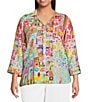 Ali Miles Plus Size Woven Multi Print Point Collar 3/4 Roll-Tab Sleeve Button-Front Shirt - Image 2