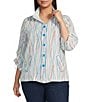 Ali Miles Plus Size Woven Multi Stripe Point Collar 3/4 Cinched Tie Sleeve Button Front Tunic - Image 1