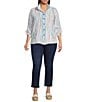 Ali Miles Plus Size Woven Multi Stripe Point Collar 3/4 Cinched Tie Sleeve Button Front Tunic - Image 3