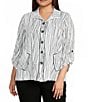 Ali Miles Plus Size Woven Multi Stripe Point Collar 3/4 Cinched Tie Sleeve Button-Front Tunic - Image 1